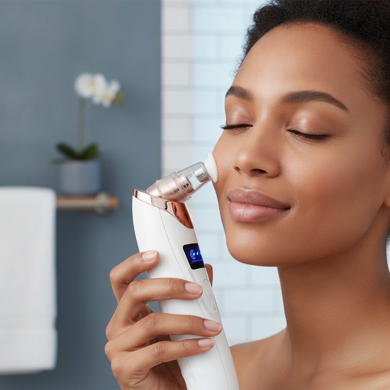 A woman uses a sleek, black electric blackhead remover vacuum cleaner on her face in a modern bathroom.