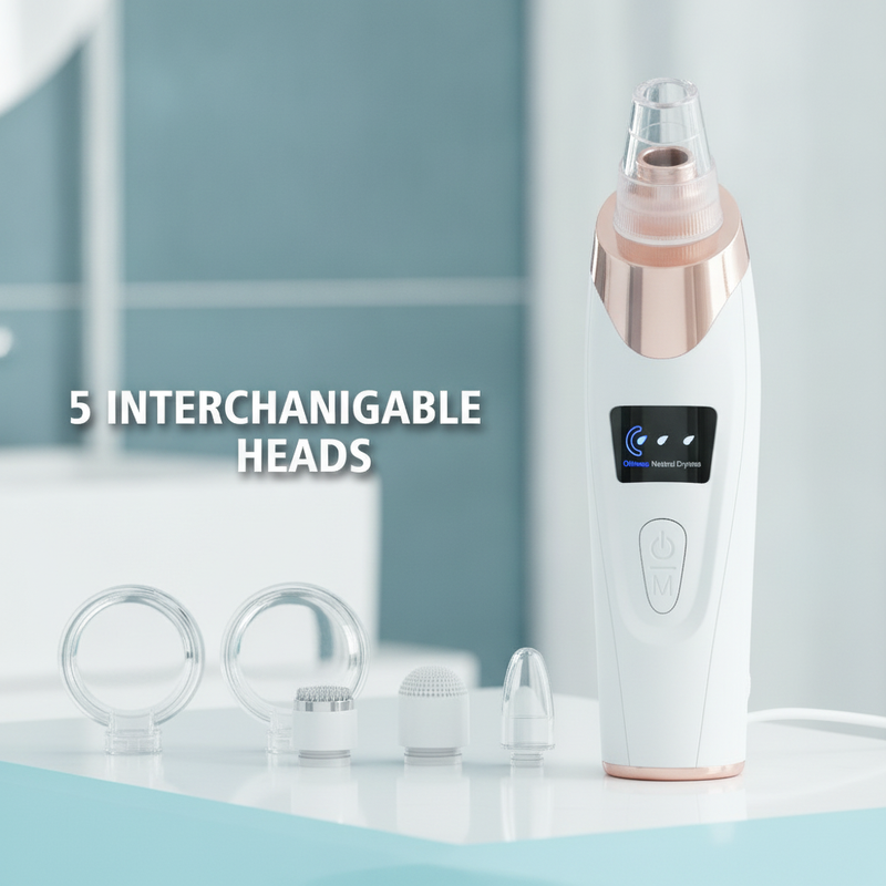 Electric blackhead remover vacuum cleaner with five interchangeable heads on a light blue and white bathroom counter.