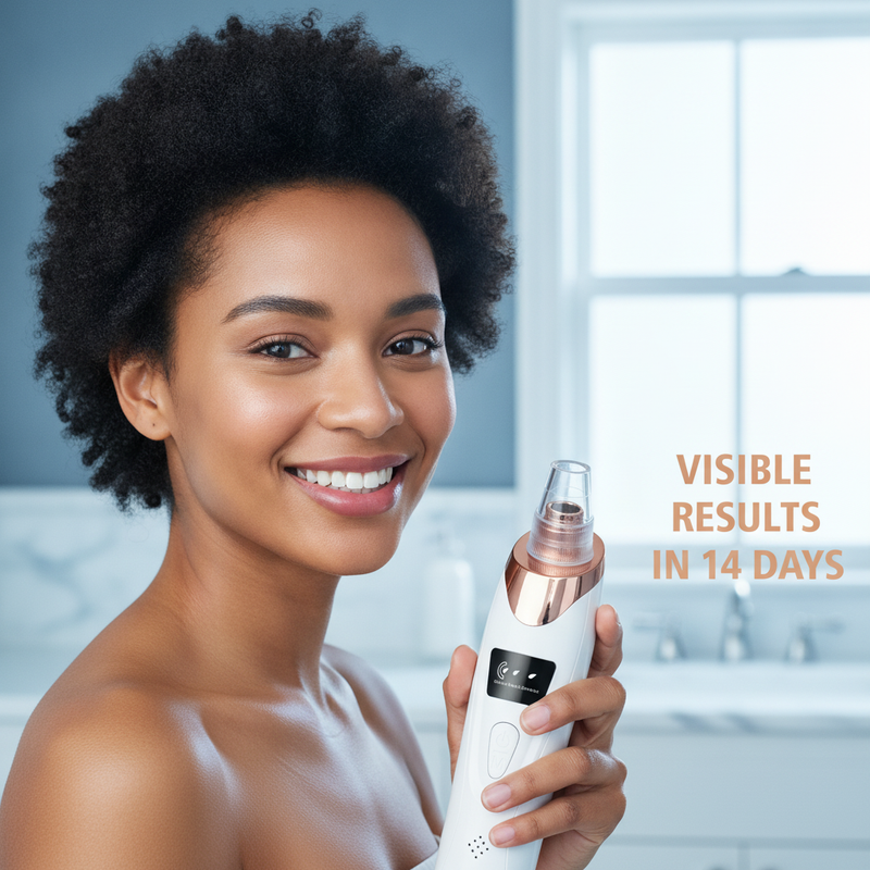 A person smiling confidently, holding the blackhead remover, showcasing clear skin in a bright bathroom, implying visible res